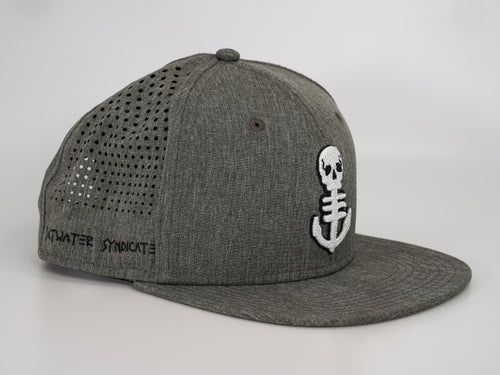 Side View of Grey Flat Bill Hat W/ Black "Saltwater Syndicate" Text on Side