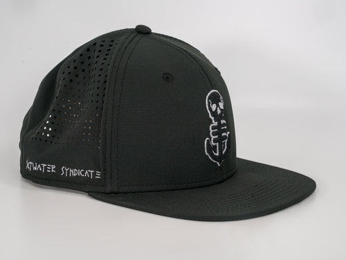 Side View of Black Flat Bill Hat with White "Saltwater Syndicate" Text on Side