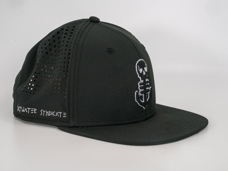 Side View of Black Flat Bill Hat with White "Saltwater Syndicate" Text on Side