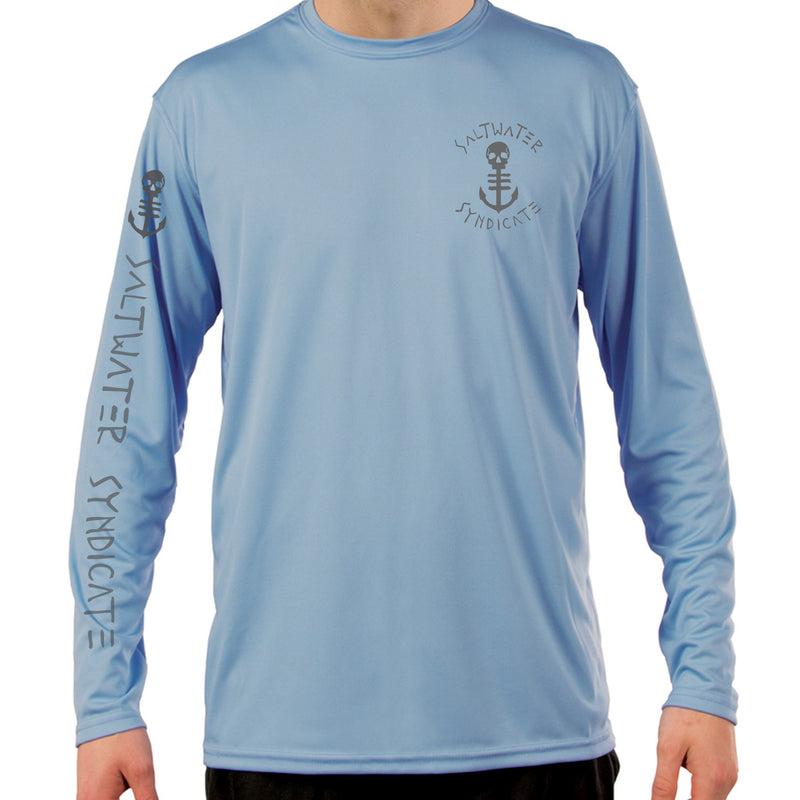 Front of Men's Blue UPF Long Sleeve Performance Shirt with Anchor Logo