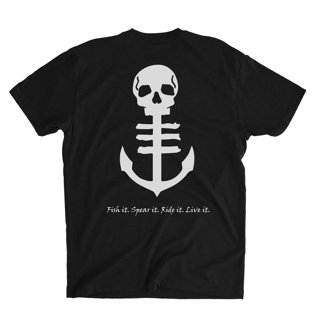 Men's Black T-Shirt with Large White Anchor Logo and "Fish It. Spear It. Ride It. Live It." Text Underneath