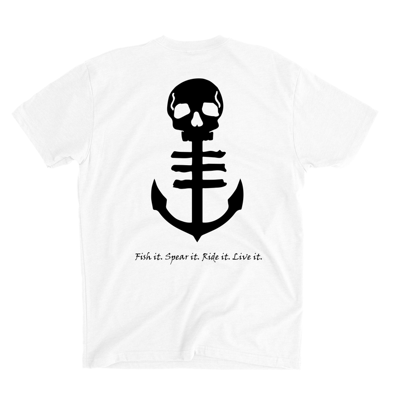 Back of Men's White T-Shirt with Large Black Anchor Logo and "Fish It. Spear It. Ride It. Live It." Printed Underneath