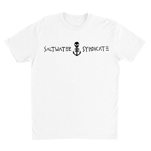 Front of Men's White Icon T-Shirt with Black "Saltwater Syndicate" Logo on Front