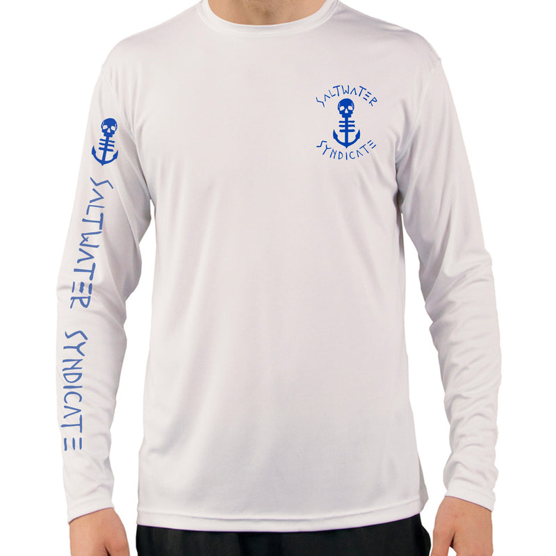 Front View of Men's White UPF Performance Shirt with Ocean Blue Anchor