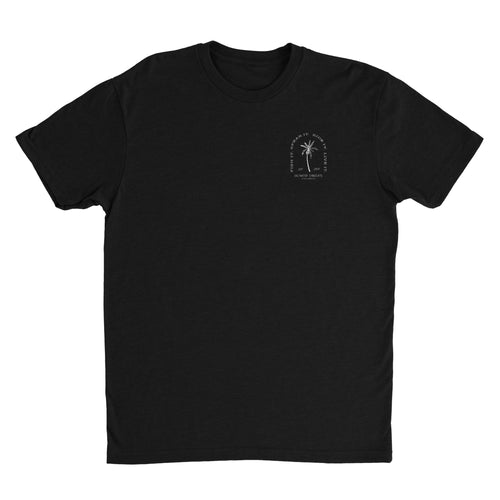 Front of Men's Black T-Shirt with Palm Tree and Skull Coconut