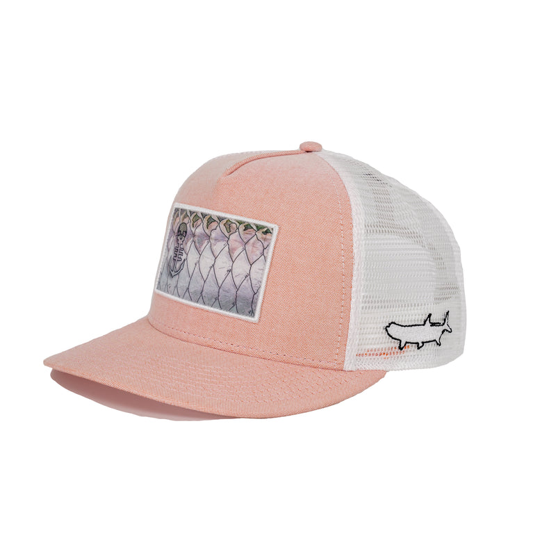 Side View of Light Coral Trucker Hat with Tarpon Scales Patch on Front and Embroidered Tarpon Outline on Side