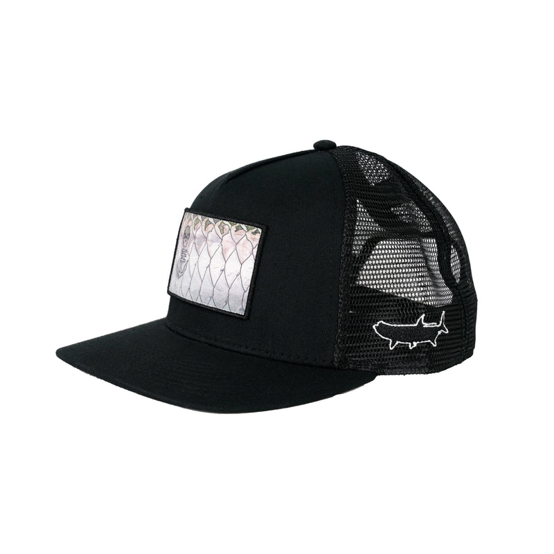 Side View of Black Trucker Hat with Tarpon Scales Patch on Front and Embroidered Tarpon Outline on Side