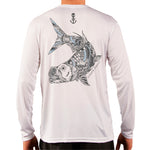 Men's White UPF Fishing Shirt with Large Grey & Blue Tarpon on Back