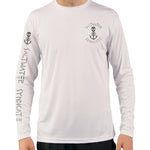 Front of Men's White UPF Fishing Shirt with Small Grey Anchor on Front and Sleeve
