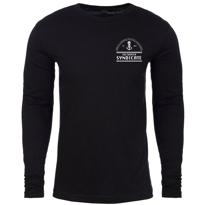Front View of Men's Black Long Sleeve Cotton T-Shirt with Saltwater Syndicate Beer Label