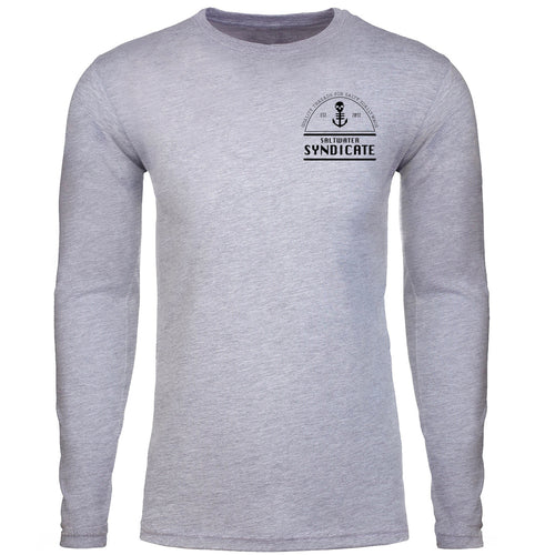 Front View of Men's Grey Long Sleeve Cotton T-Shirt with Saltwater Syndicate Beer Label