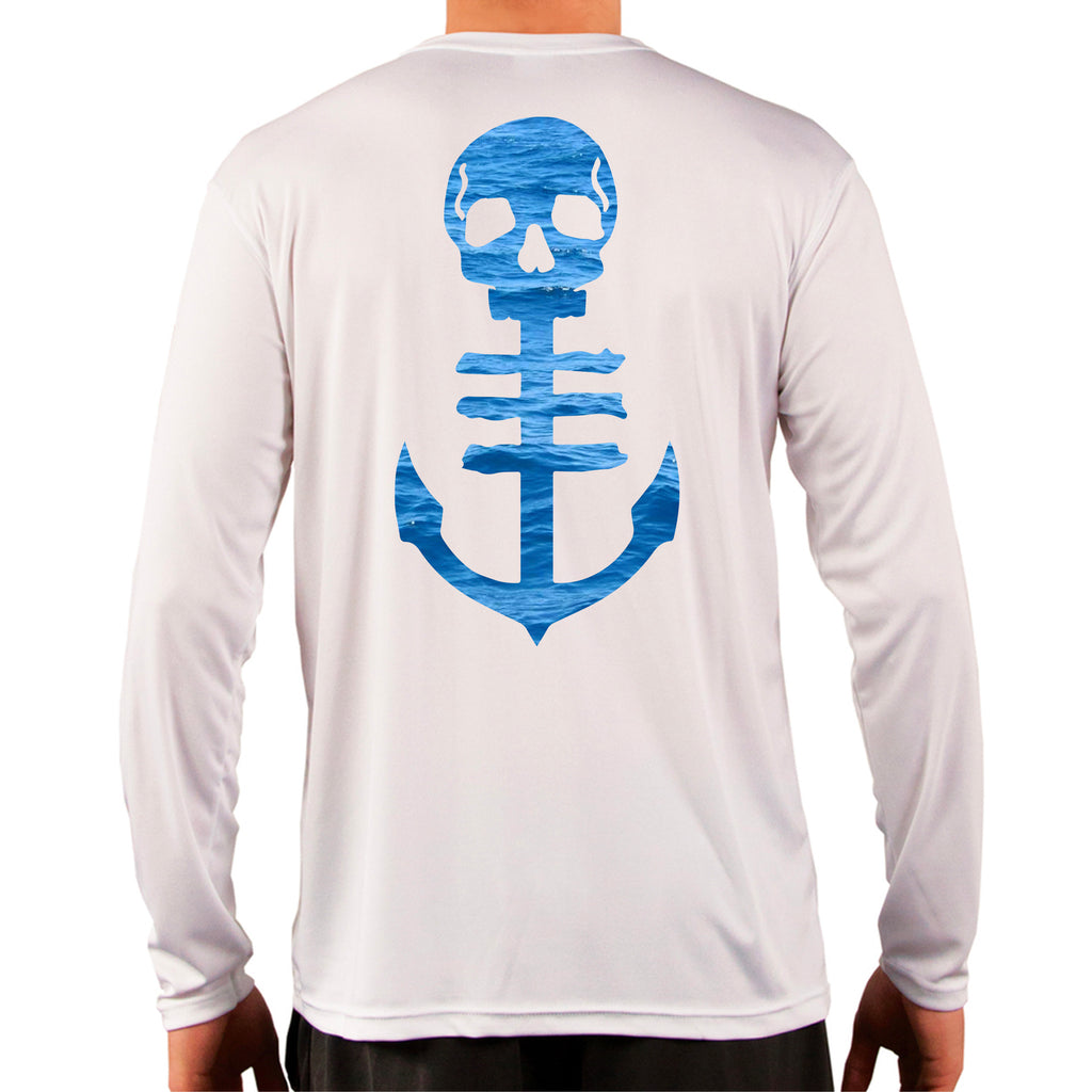 Men's White UPF Performance Shirt with Open Ocean Blue Anchor