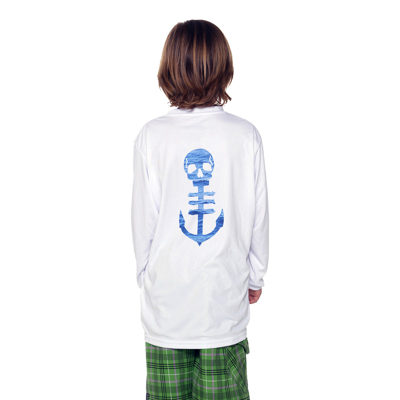 Back View of Youth White UPF Performance Shirt with Open Ocean Blue Anchor