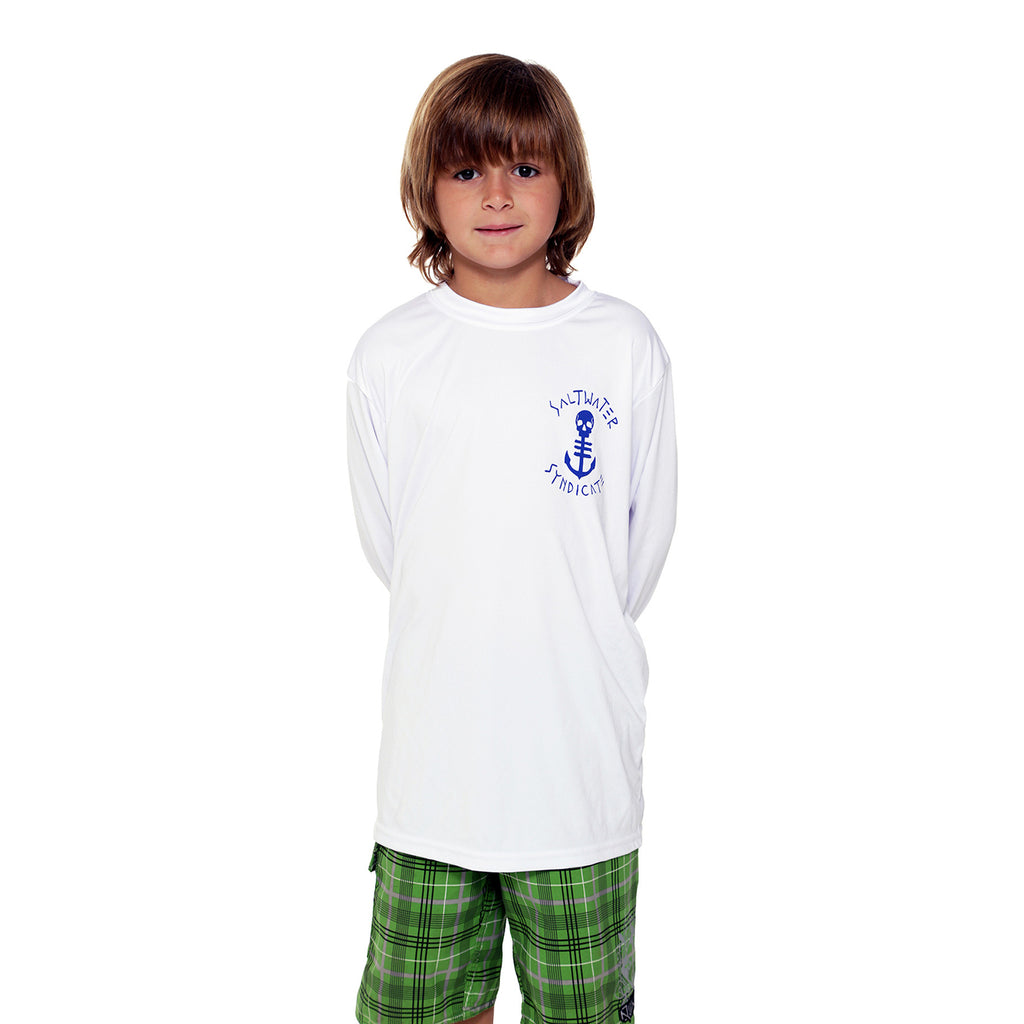 Youth White UPF Performance Shirt with Open Ocean Blue Anchor