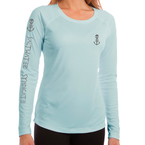 Front View of Women's Light Blue UPF Fishing Shirt with Small Grey Anchor and Logo on Sleeve