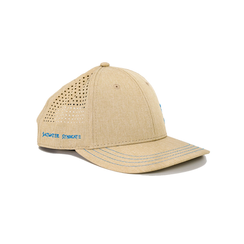 Side View of Khaki Low Profile Performance Hat with Blue Anchor Icon