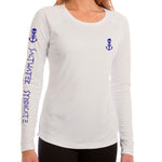 Front View of Women's White UPF Performance Shirt with Open Ocean Blue Anchor