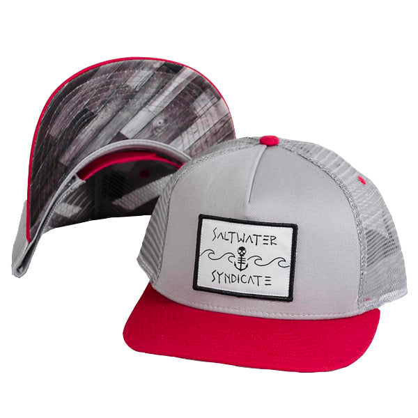 Trucker Hat with Red Bill, Grey Mesh Backing, and Saltwater Syndicate Anchor and Wave Patch on Front