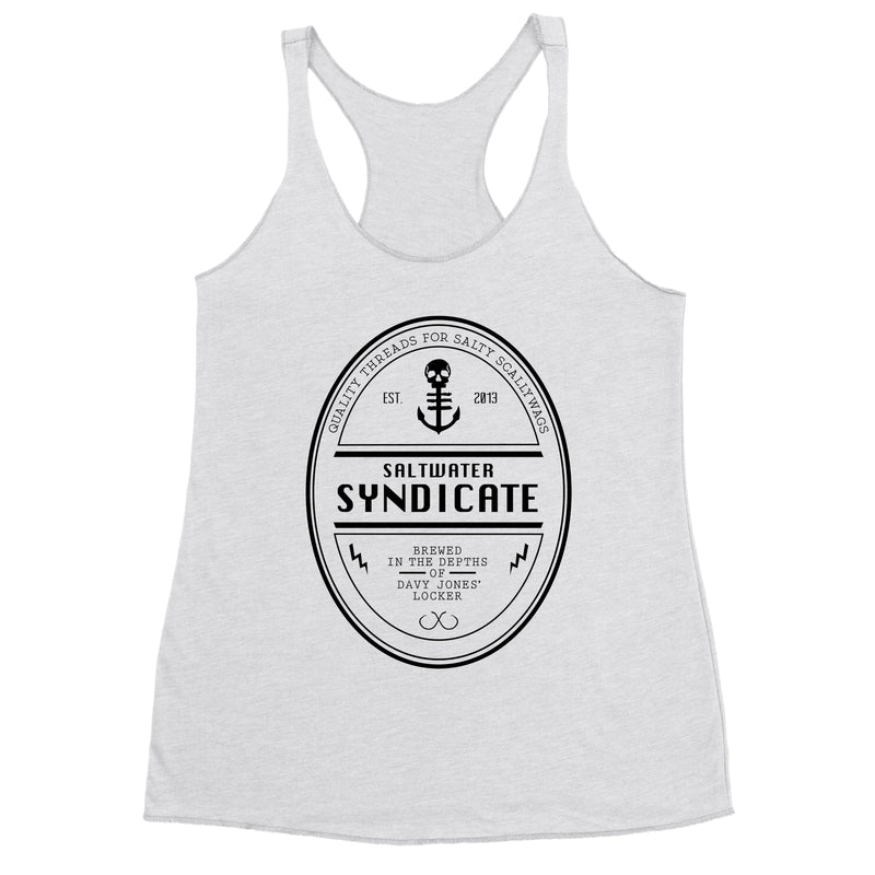 Women's White Racerback Tank Top with Saltwater Syndicate Beer Label on Front