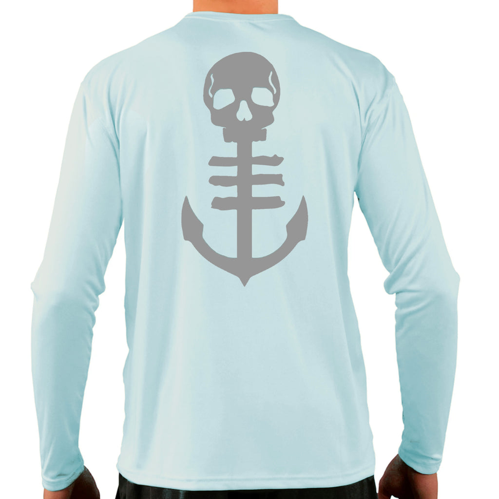 Back View Of Men's Light Blue UPF Performance Shirt with Large Grey Anchor