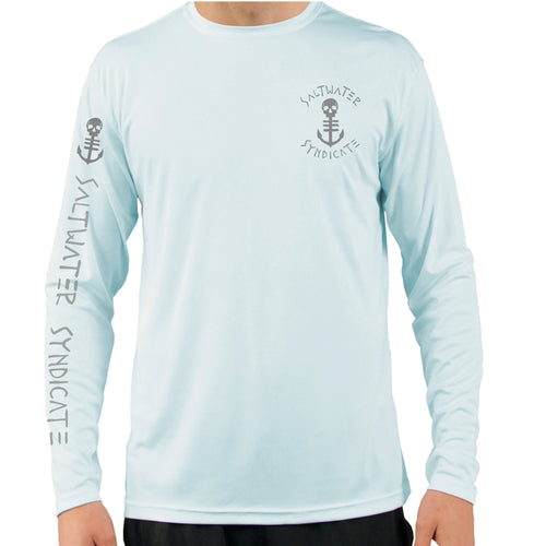 Front View of Men's Light Blue UPF Performance Shirt with Small Grey Anchor & Logo